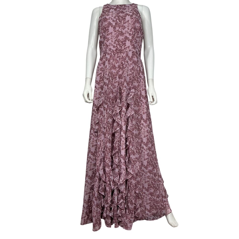Mikael Aghal Elegant Lilac Ruffled Floral Chiffon Maxi Dress Size 8 - Picture 2 of 4